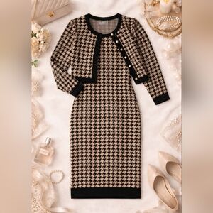Classic Houndstooth Sheath Dress with Matching Jacket - Beige/Black